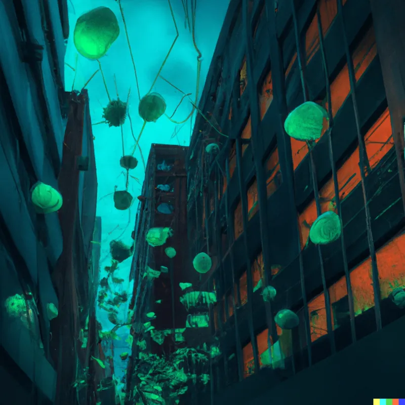 A photo of large, glowing algorithmic lymphocytes floating down on a cyberpunk street, framed like a David Fincher film