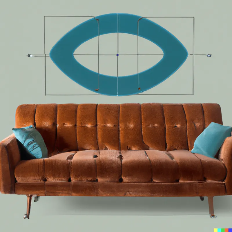 A photo of A mid century couch that is upholstered with corduroy and shaped like a differential equation, framed like a Wes Anderson film, digital art