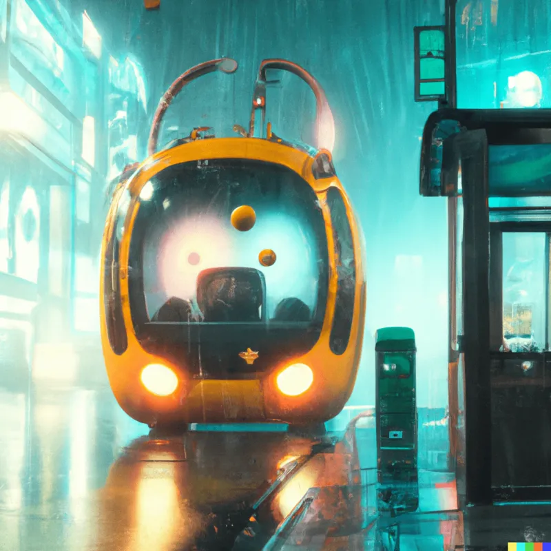 A photo of a McHappy mass transport pod in a rainy cyberpunk city, framed like a Wes Anderson film, digital art