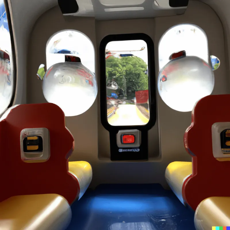 A photo from inside a McHappyMeal mass transport pod with plastic play controls, framed like a Stanley Kubrick film