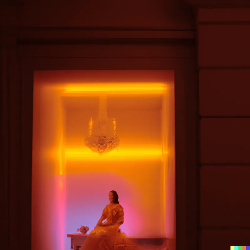 A photo of a Queen wearing a glowing gown projected into a museum stockroom, framed like a Wes Anderson film