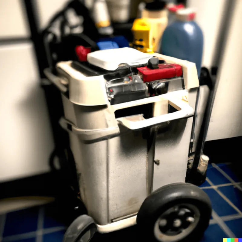 A photo of a rubbermaid cleaning trolley with inbuilt proton pack, pressure tank, buttons and switches, warm white, framed like a Martin Scorsese film