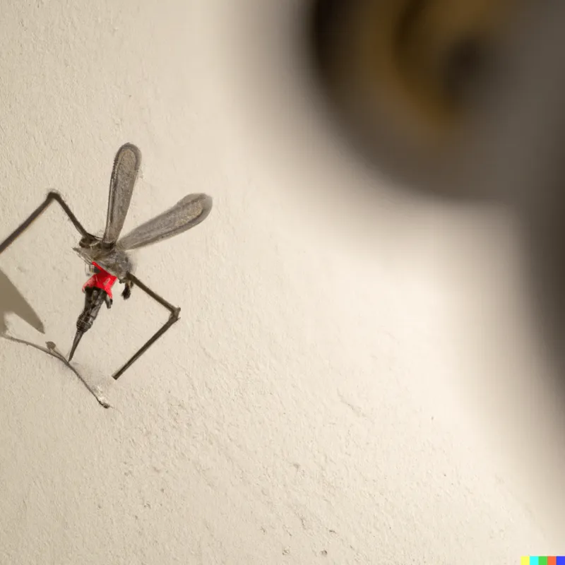 A photo of a mechanical mosquito robot drilling its proboscis into a wall, framed like a Spike Lee film