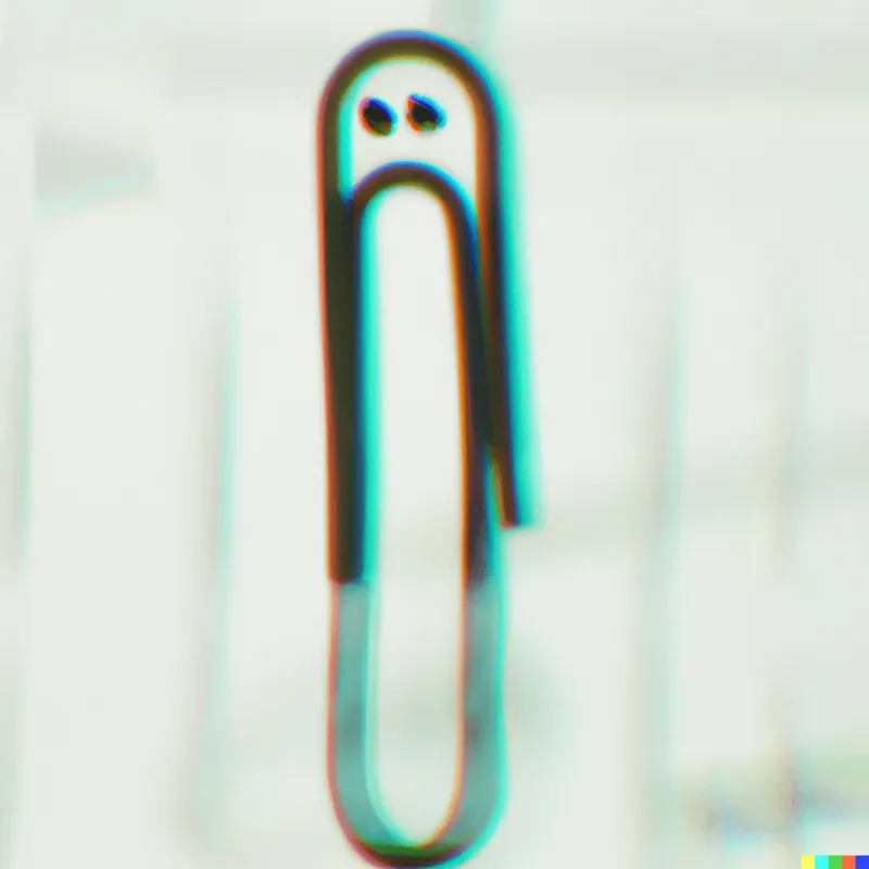 A photograph of an anthropomorphic paperclip that is distorted with rendering glitches, framed like a Wes Anderson film, digital art