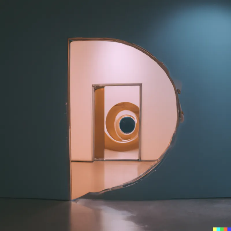 A photo of a wormhole opening inside a post modern art gallery, framed like a Wes Anderson film
