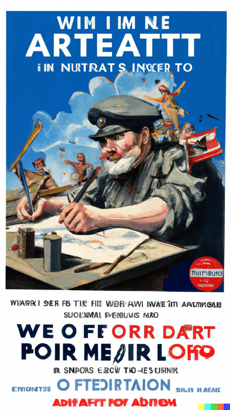 A WWII propaganda poster calling for new artists to join the effort, digital art