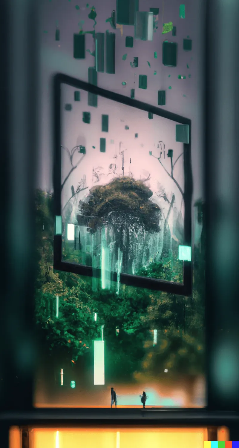 A photo of a tree interconnected with cyberspace framed like a studio Ghibli film, digital art