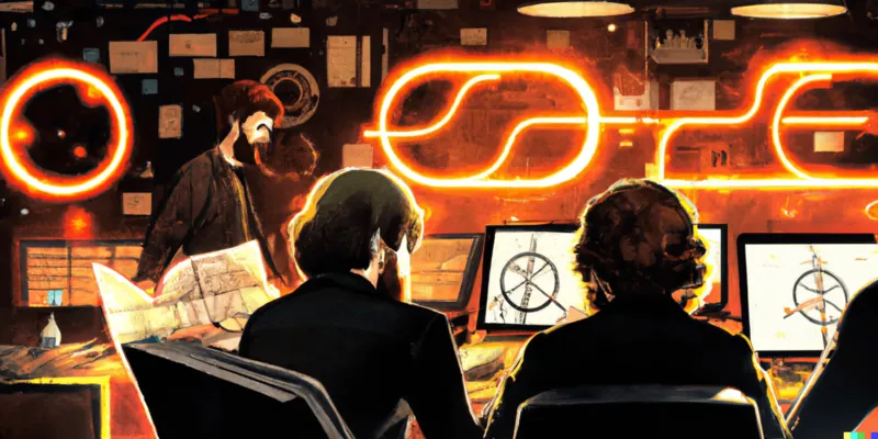 A photo of beatnik engineers designing the future, framed like a Martin Scorsese film, digital art