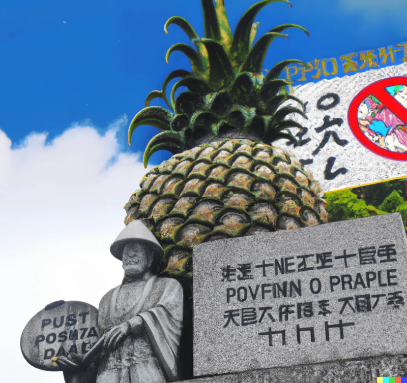 A photo of an ancient Japanese monument warning people not to put pineapple on pizza