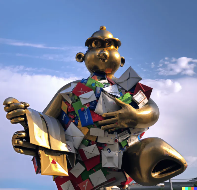 A photo of a large sculpture depicting how wise algorithms send junk mail, crafted by Jeff Koons