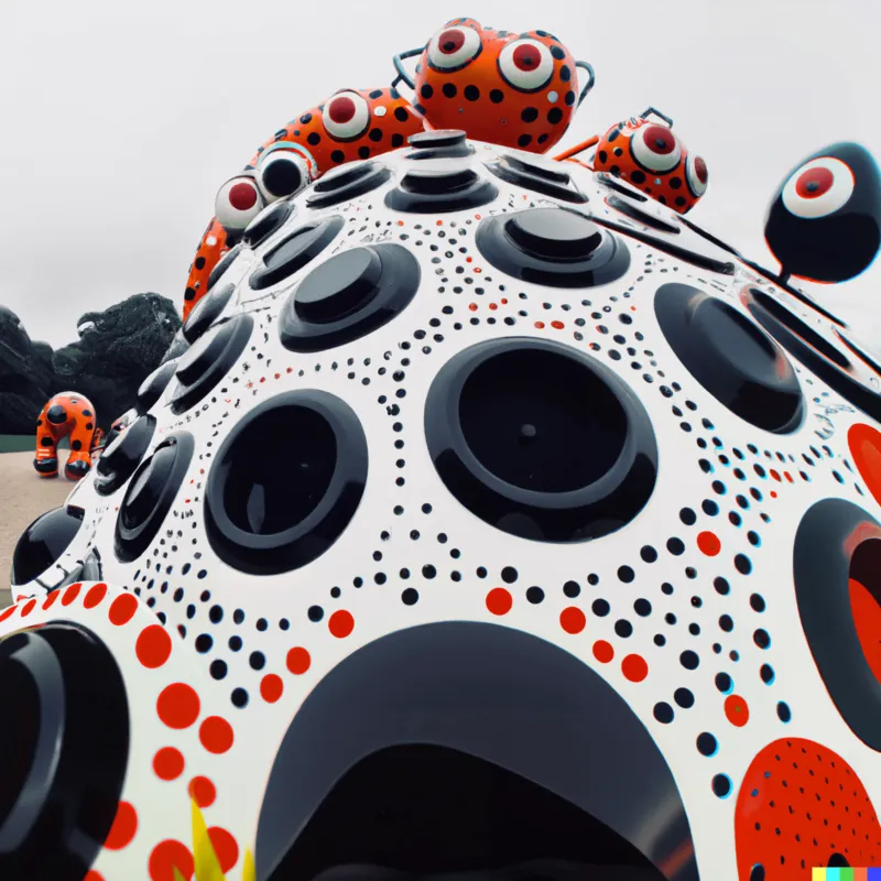 A photo of a large sculpture depicting machines overtaking humanity, crafted by Kusama