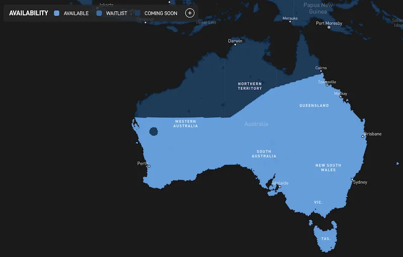 The Starlink coverage map of Australia on 2022-09-25