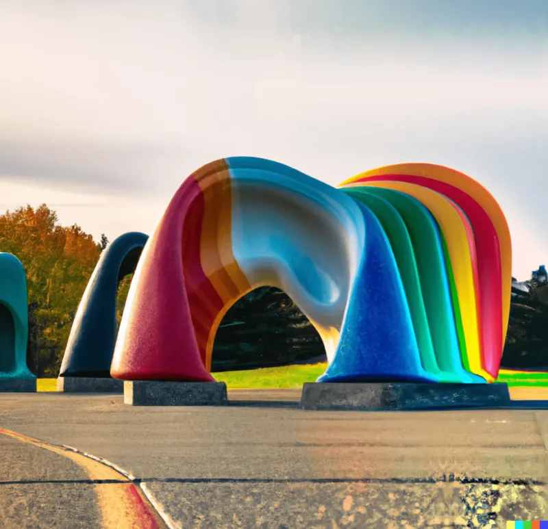 A photo of a large colourful monument dedicated to people who wish they weren't human, crafted by Noguchi