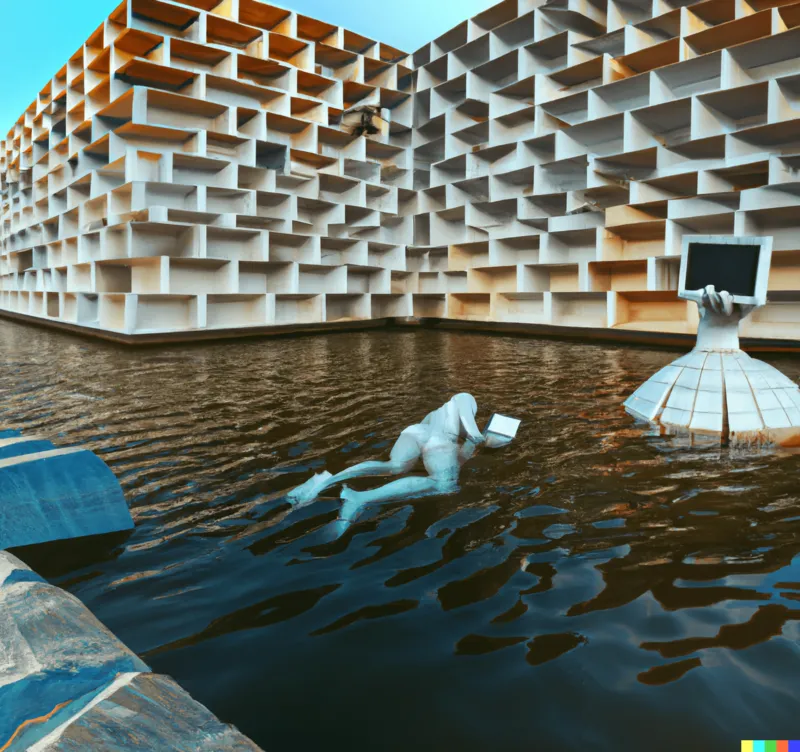 A photo of a large sculpture drowning in a waterhole of online knowledge, crafted by Sol Lewitt, digital art