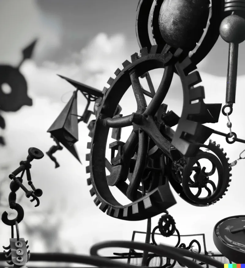 A photo of a large sculpture depicting a grinder for cryptocurrencies, crafted by Jean Tinguely, digital art
