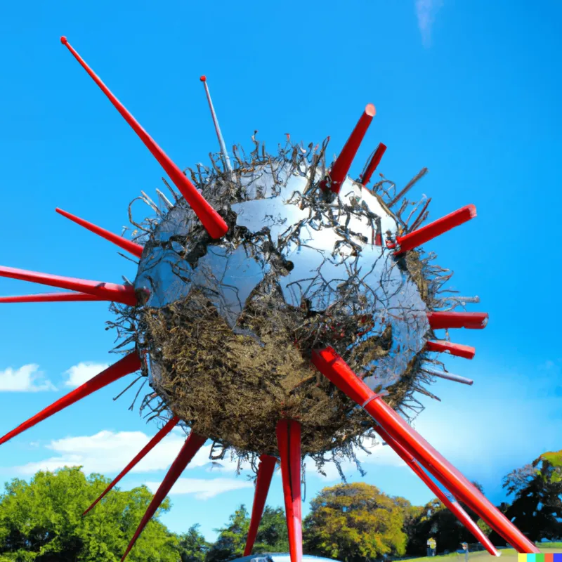 A photo of a large sculpture depicting humanity as an earth consuming virus, crafted by Robert Andrew