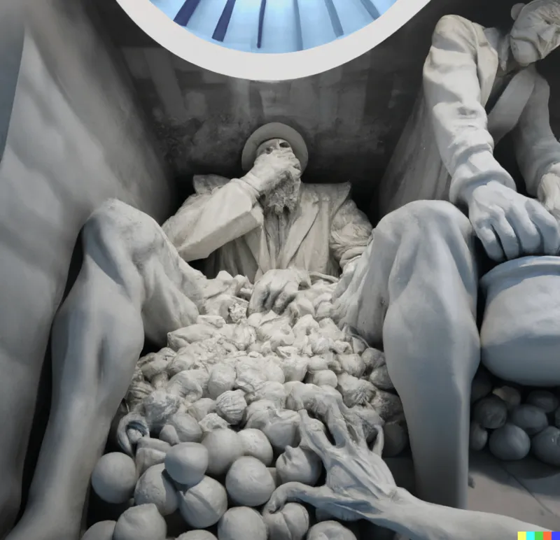 A photo of a large sculpture depicting how to accumulate a wealth of mincemeat, crafted by Daniel Arsham