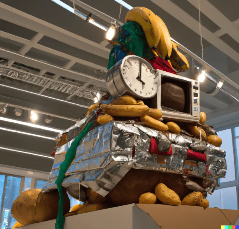 A photo of a large sculpture depicting the potato period being surpassed by digital art, crafted by Tom Sachs