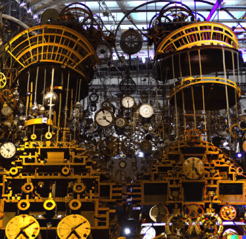 A photo of a large mechanical art installation depicting a non-linear processe, crafted by James Watt, digital art