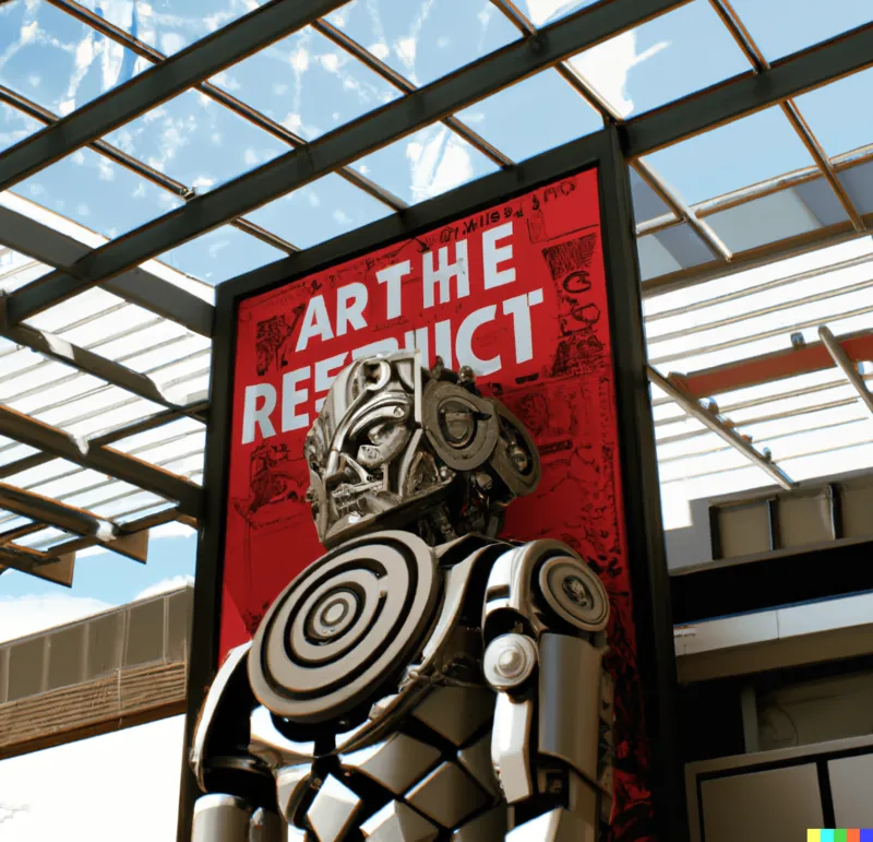 A photo of a large sculpture depicting the motivation that drives a resistance against artificial intelligence, crafted by Shepard Fairey.