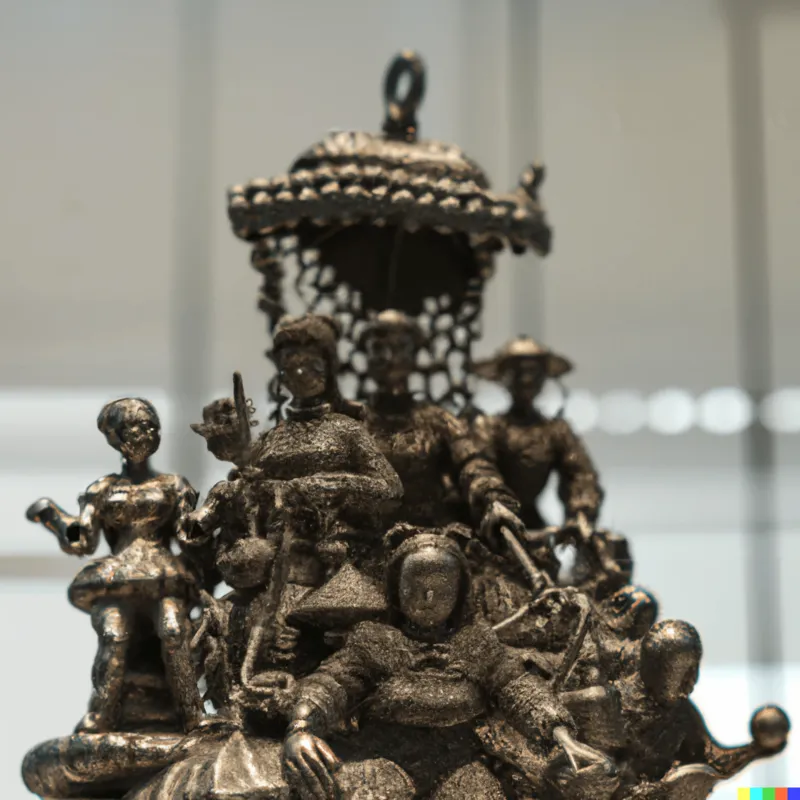 A photo of a large sculpture depicting peasant artists living under machine rule, crafted by Wim Delvoye