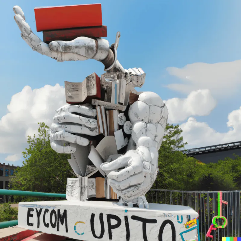 A photo of a large sculpture depicting humanity being programmed by education, crafted by Patrick Blanc