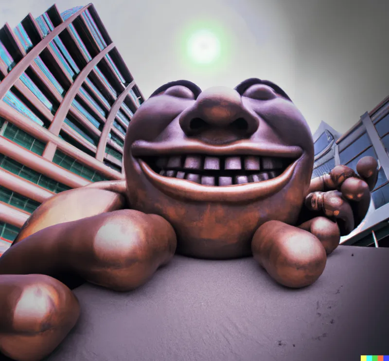 A photo of a large sculpture depicting aggressive spud optimism and prosperity, crafted by Arturo Di Modica, digital art