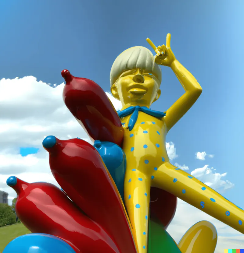 A photo of a large sculpture depicting a serious pursuit of fun, crafted by Andy Warhol, digital art