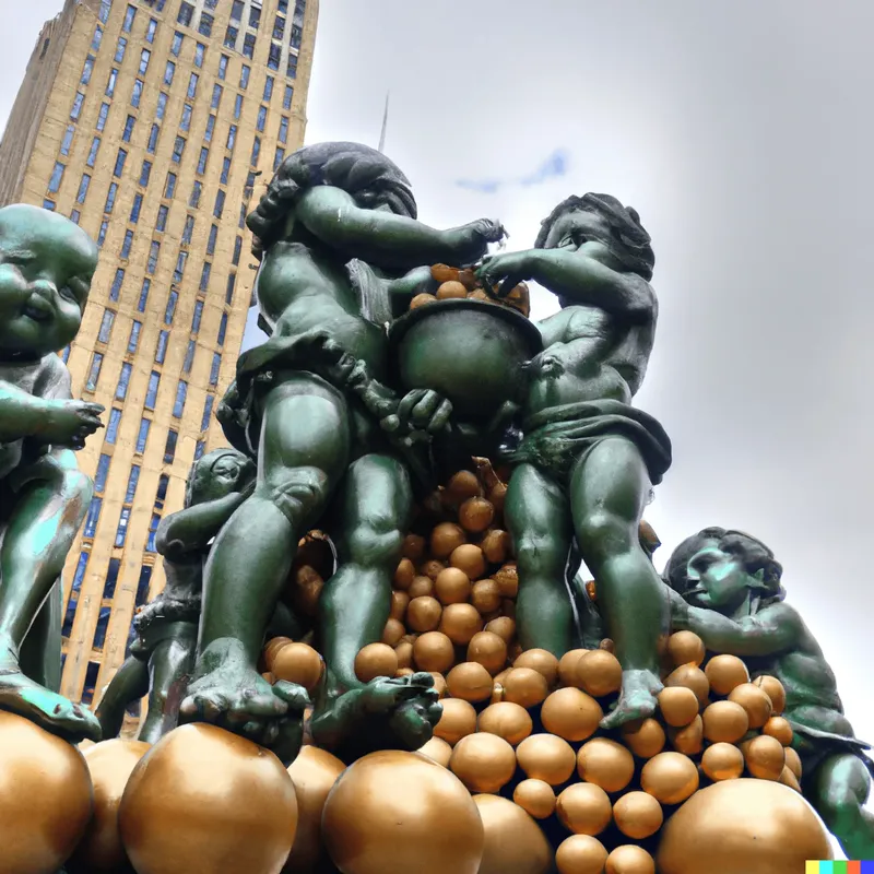 A photo of a large sculpture illustrating how tater tots created a new egalitarian era, crafted by Donatello