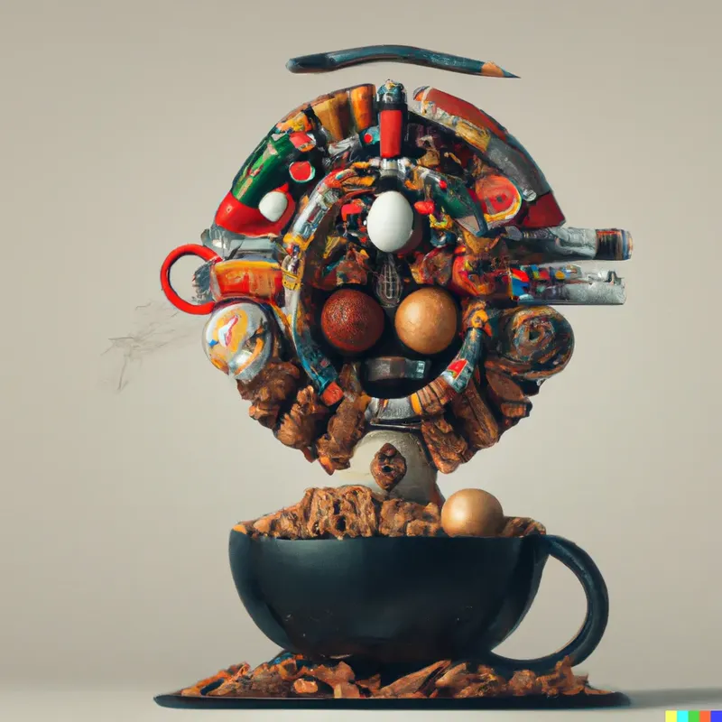 A photo of a large sculpture depicting morning stimulants that enhance computer productivity, crafted by Nescafe