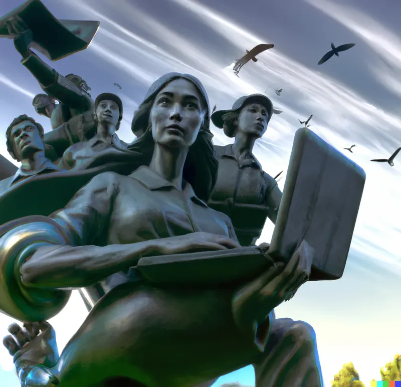 A photo of a large sculpture depicting programmers travelling past the failsafe point, crafted by Douglas MacArthur, digital art.