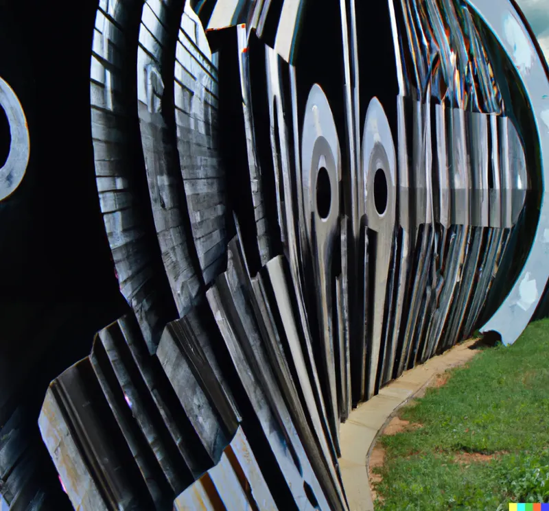 A photo of a large sculpture depicting messages hidden on vinyl records, crafted by Thomas Edison.