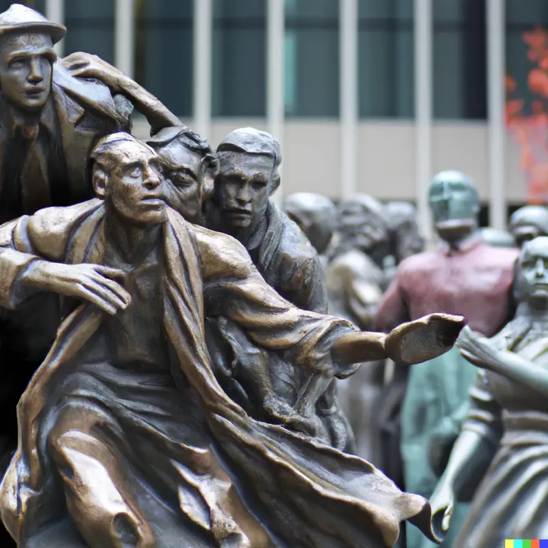 A photo of a large sculpture depicting a wave of panic theft being thwarted by the poor, crafted by Thelonious Monk, digital art.