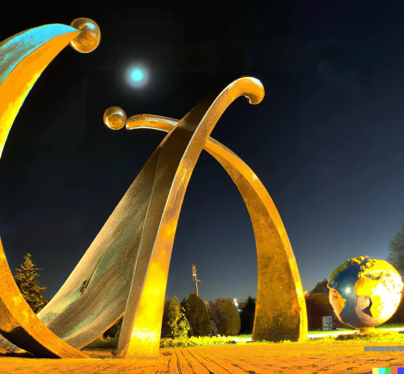 A photo of a large sculpture celebrating the bridge humanity built between earth and the moon, crafted by Ray Kroc