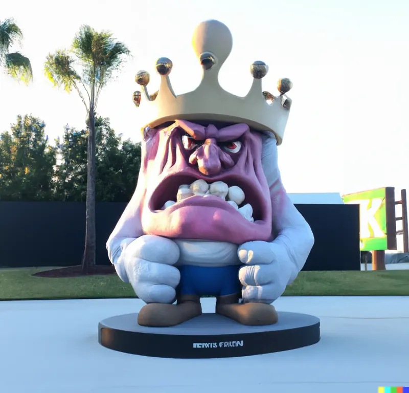 A photo of a large sculpture depicting someone who doesn't like that his nickname is king squishy, crafted by Greg Taylor, digital art.