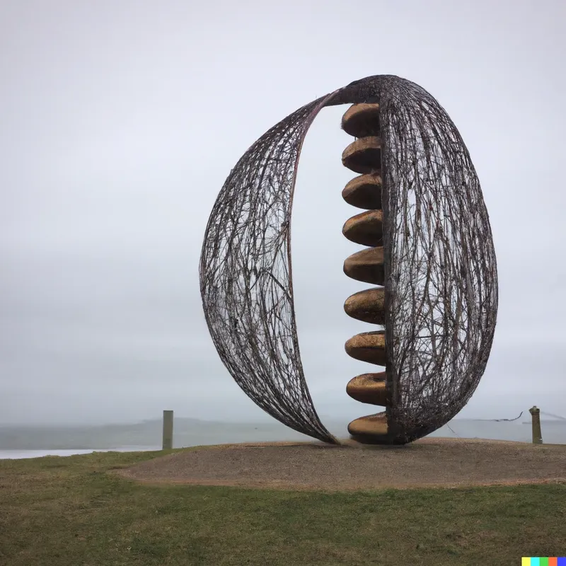 A photo of a large sculpture erected at a seaside village for algorithms, crafted by Steve Russell.