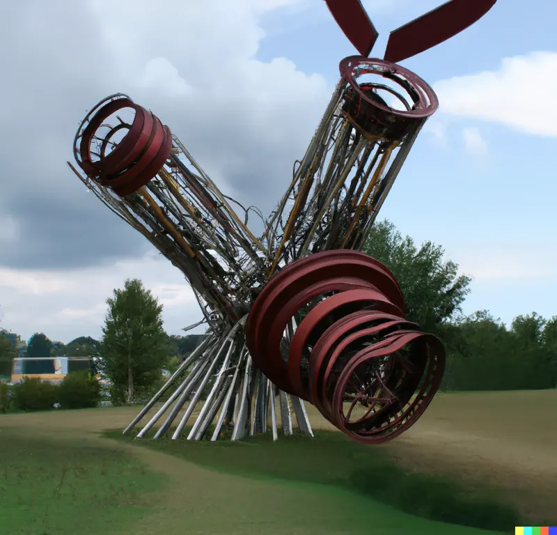A photo of a large sculpture mechanical distress by Nolan Bushnell