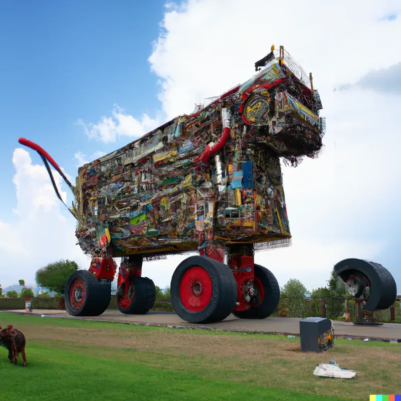 A photo of a large sculpture depicting a machine that won't eat, crafted by Alighiero Boetti.
