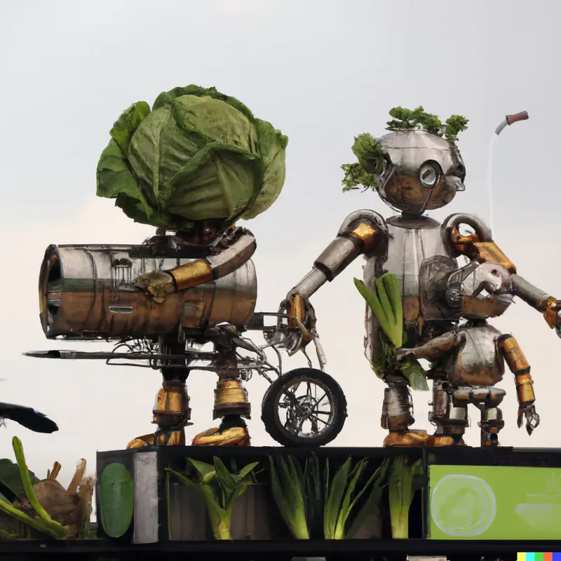 A photo of a large sculpture depicting how machines using human husbandry to convince children to enjoy eating vegetables, crafted by Trent Reznor, di