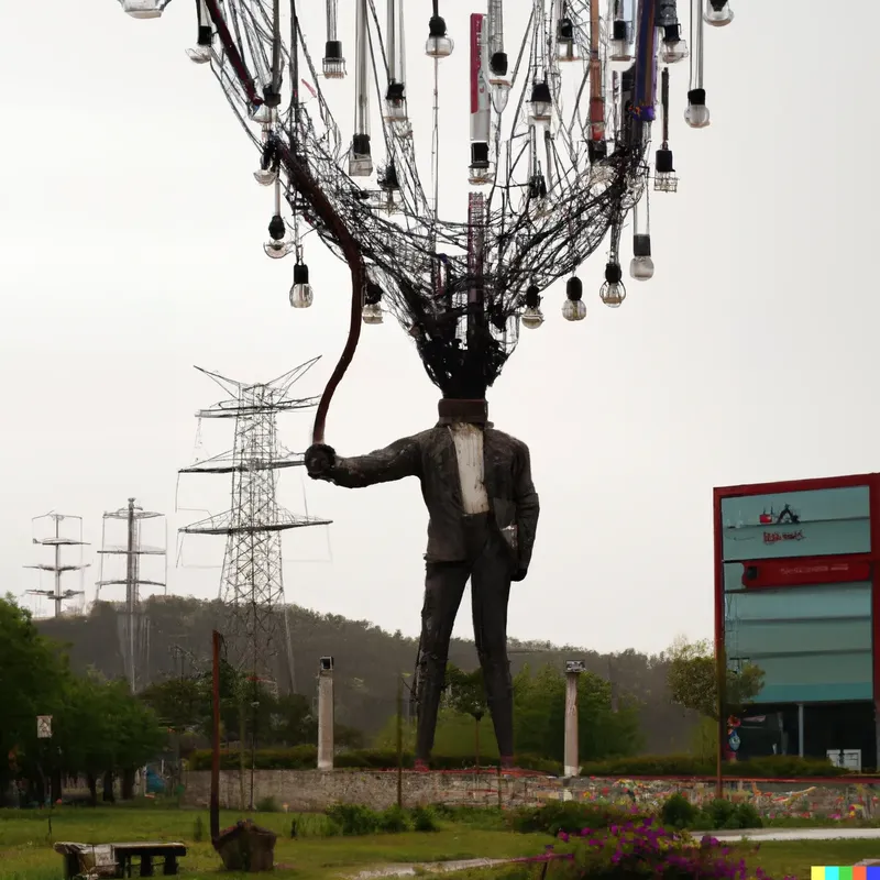 A photo of a large sculpture depicting humanities prowess at changing lightbulbs, crafted by Lee Byung-chul.