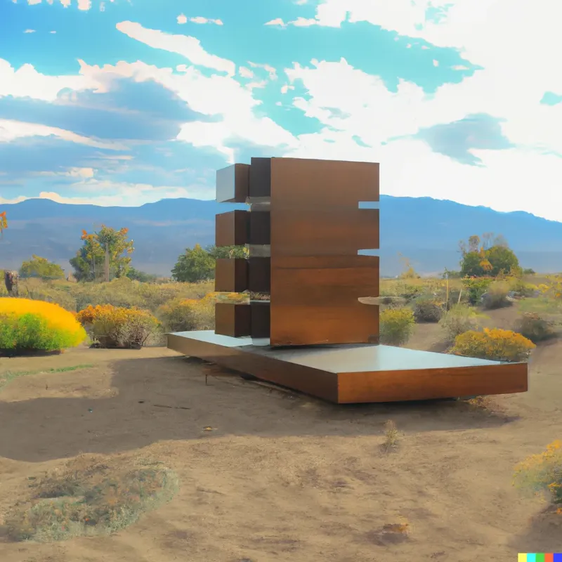 A photo of a large sculpture depicting how machines improved biodiversity, crafted by Donald Judd