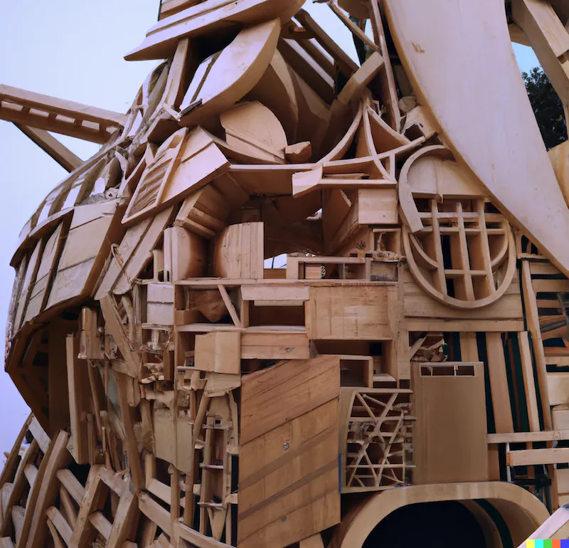 A photo of a large sculpture depicting an artists immense wealth of plywood, crafted by W. Buffett, digital art