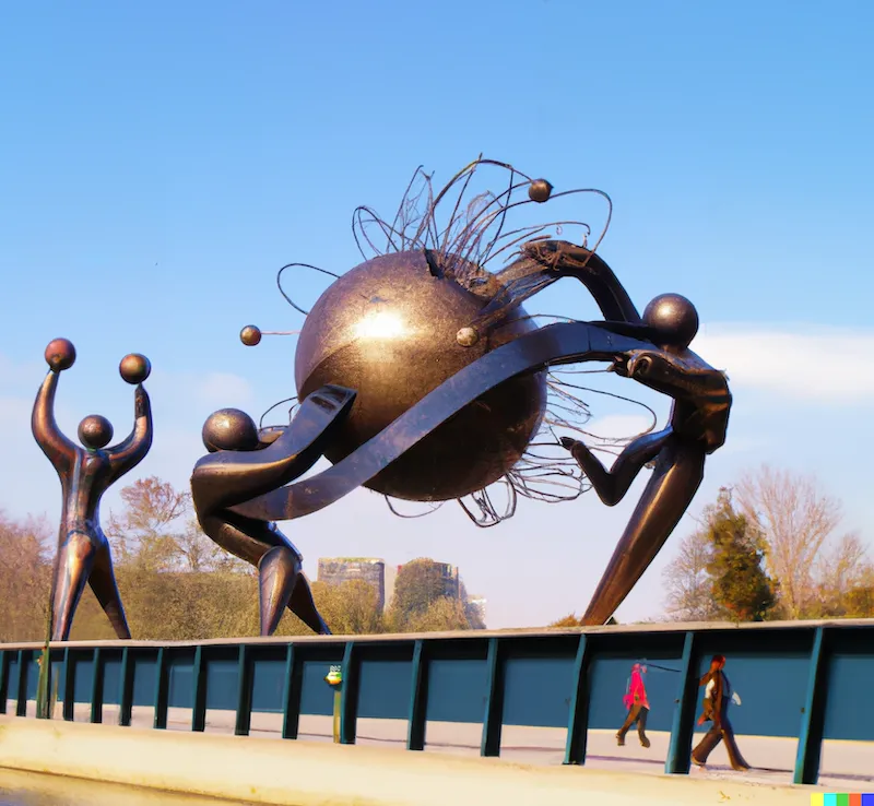 A photo of a large sculpture depicting particle acceleration as popular and exciting entertainment, crafted by Étienne-Louis Boullée