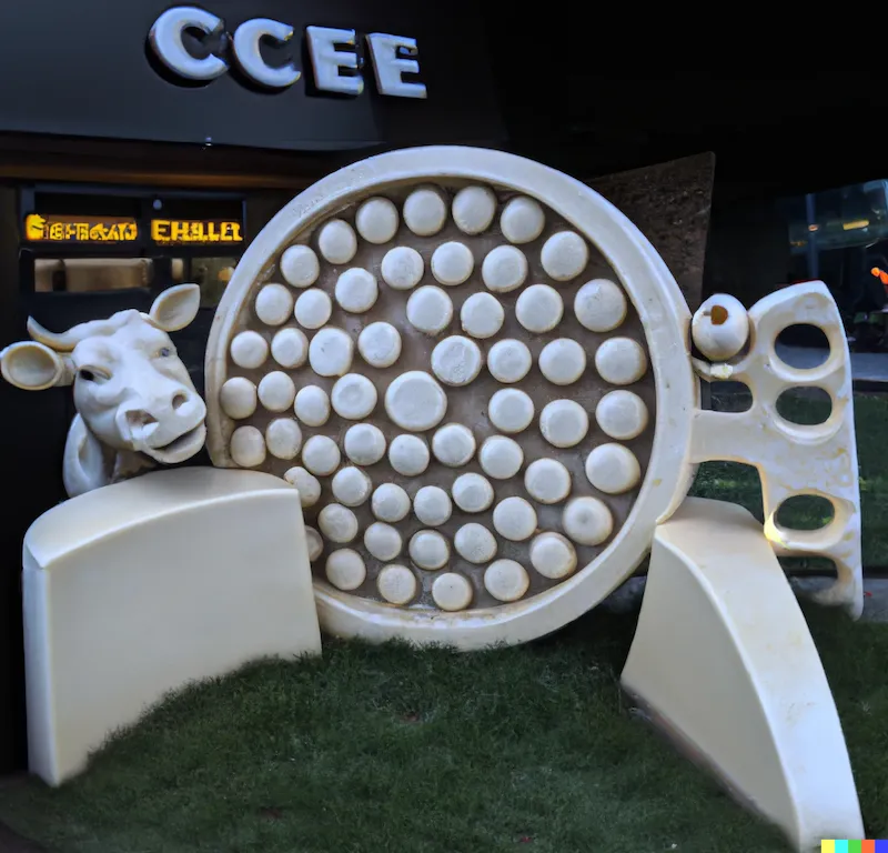 A photo of a large sculpture depicting how making wheels of cheese ended up being the ultimate CAPTCHA, crafted by laughing cow.