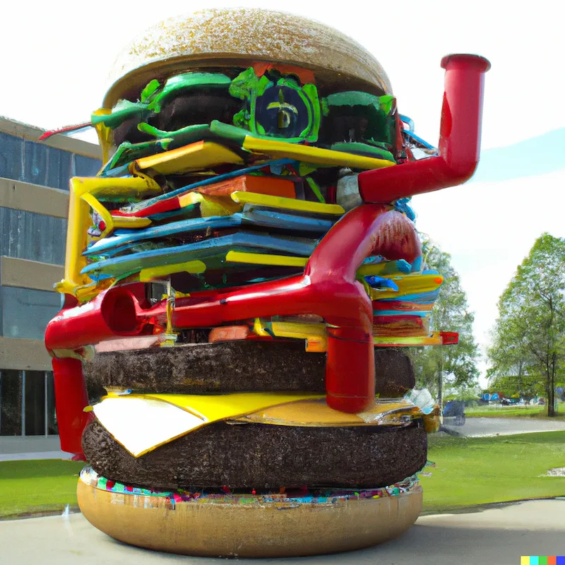 A photo of a large sculpture depicting mechanical fast food that contains low nutrition, high calorie content crafted by George Stephenson
