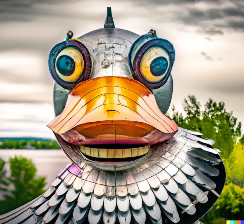 A photo of a large sculpture depicting an algorithmic fever dream of a hypno-duck that drives a hovercraft