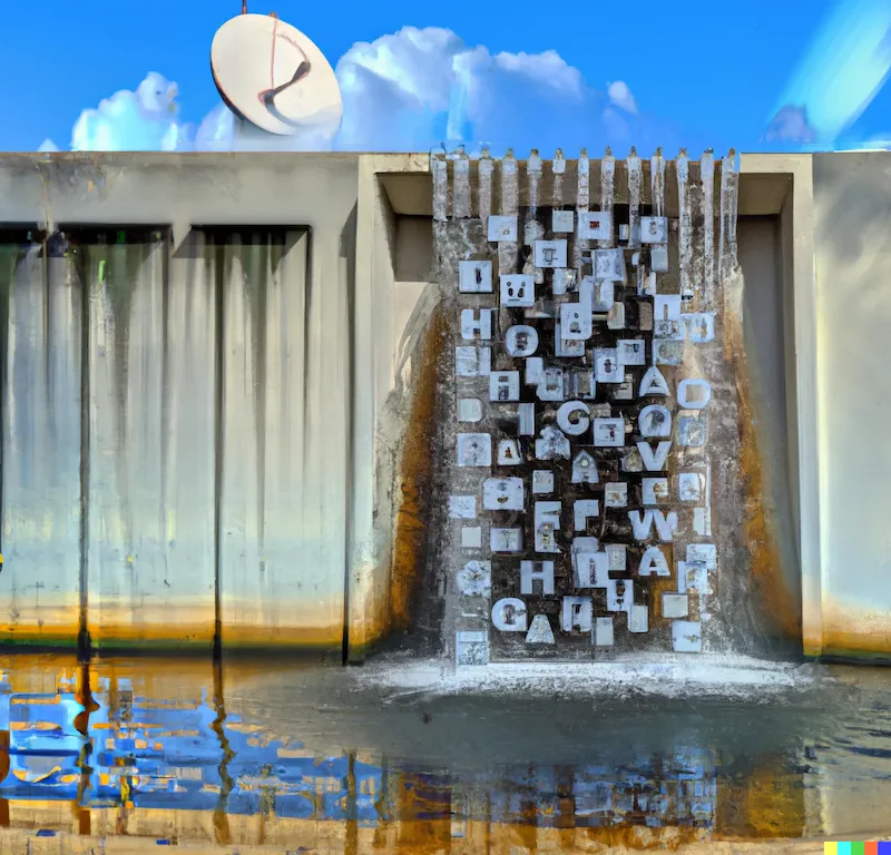 A photo of a large water sculpture depicting an algorithm that is trapped by poverty and poor data access