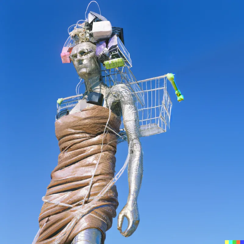 A photo of a large sculpture depicting popular consumerism by a vain artificially intelligent socialite.
