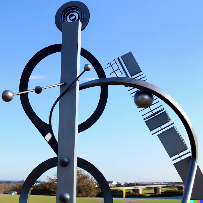 A photo of a large sculpture depicting the difference in mechanics between logic and intuition