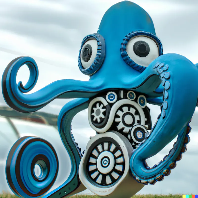 A photo of a large sculpture depicting the machines day off, crafted by a blue ringed octopus.